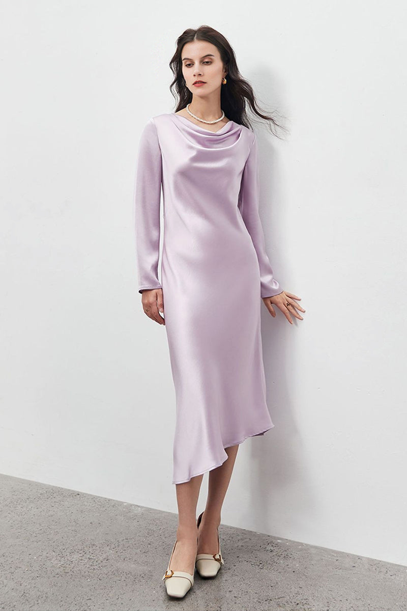 Champagne Triacetate Satin Long Sleeve Cowl Neck Midi Dress