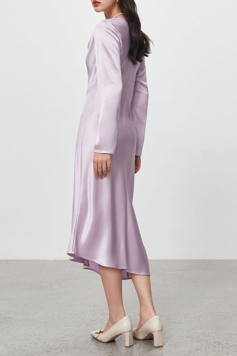 Champagne Triacetate Satin Long Sleeve Cowl Neck Midi Dress