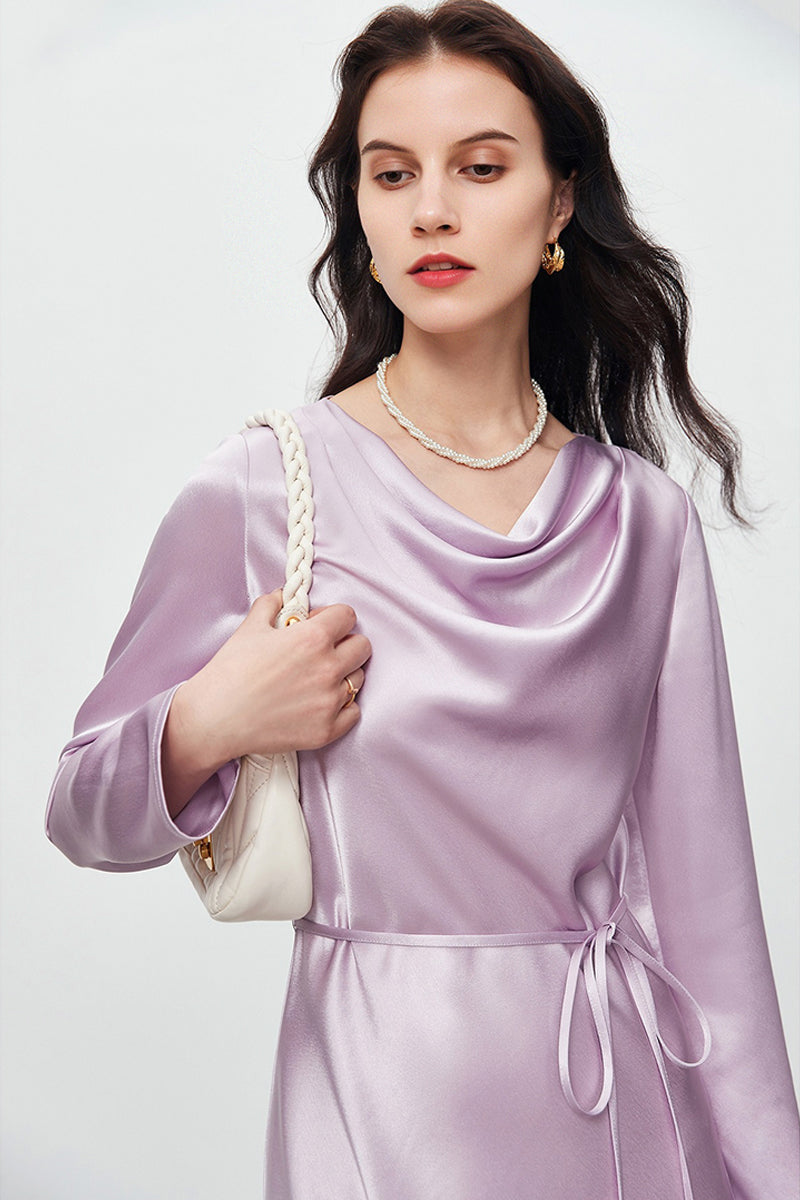 Champagne Triacetate Satin Long Sleeve Cowl Neck Midi Dress