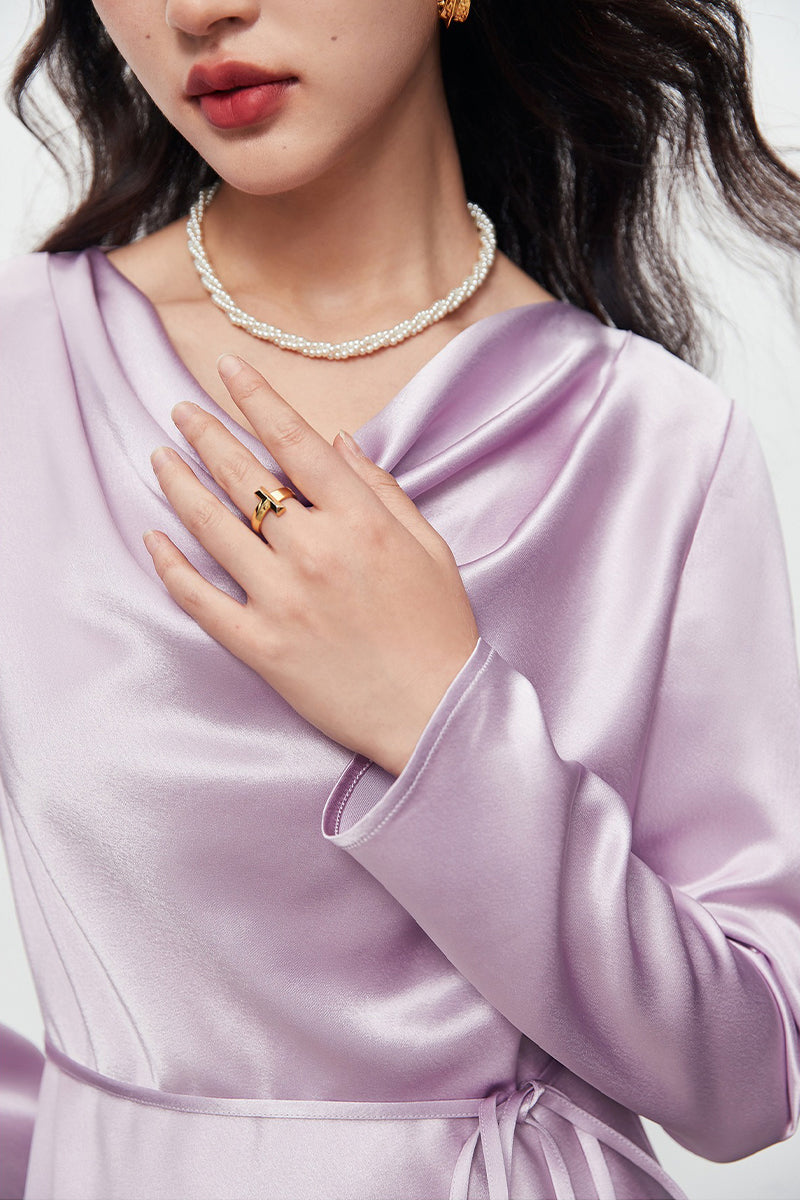 Champagne Triacetate Satin Long Sleeve Cowl Neck Midi Dress
