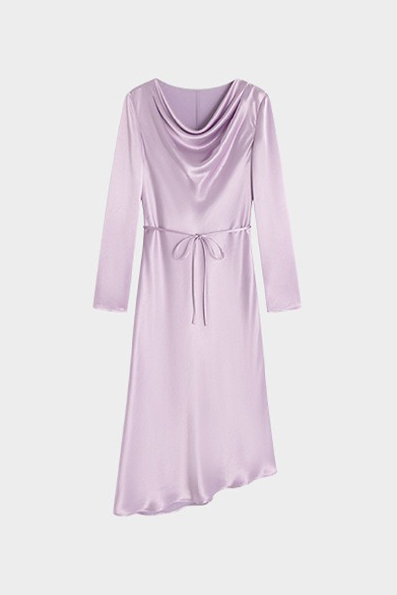 Champagne Triacetate Satin Long Sleeve Cowl Neck Midi Dress