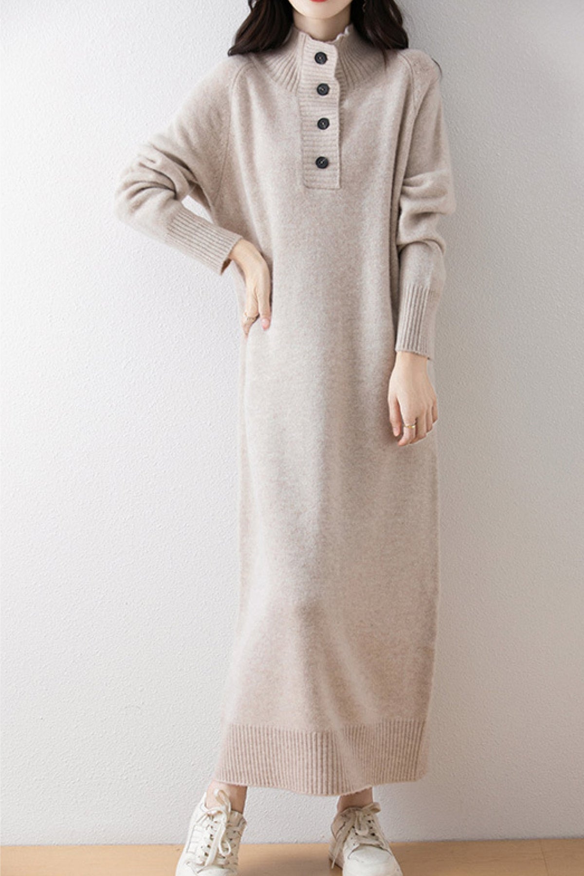 Chunky Wool Long Sleeve Turtleneck Maxi Sweater Dress