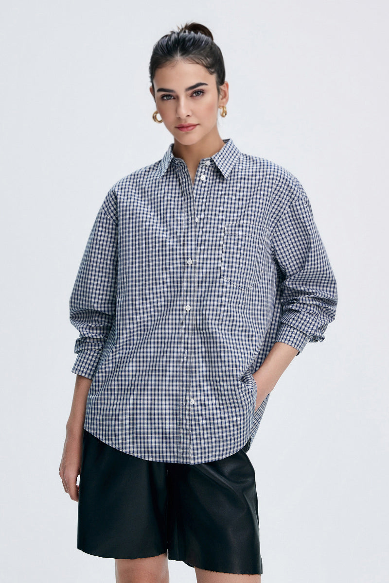 Classic Cotton Blue-White Checkered Long Sleeve Button-up Shirt