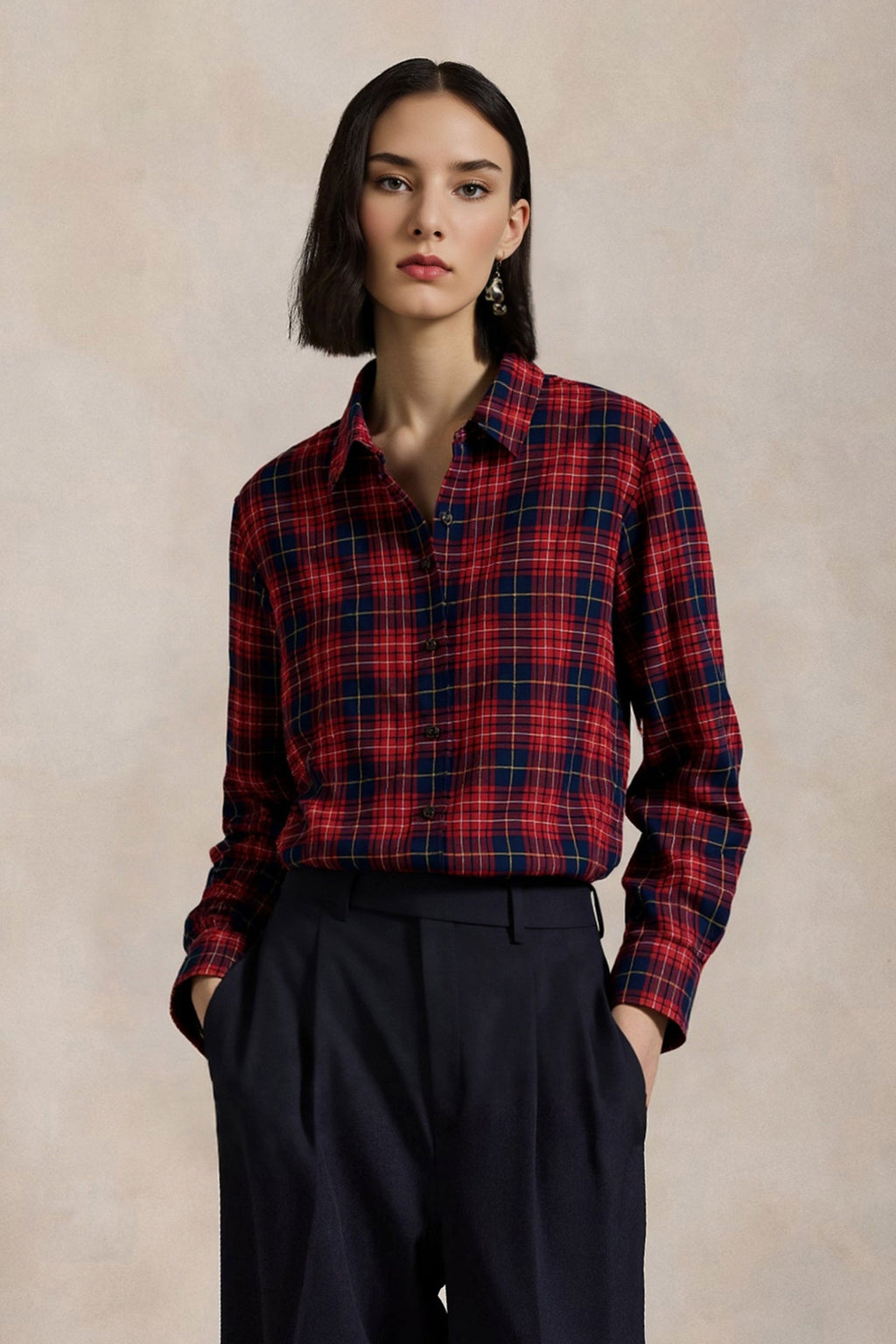 Classic Flannel Plaid Long Sleeve Button-Up Shirt