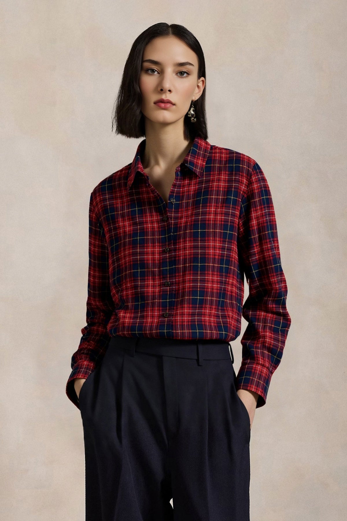Classic Flannel Plaid Long Sleeve Button-Up Shirt