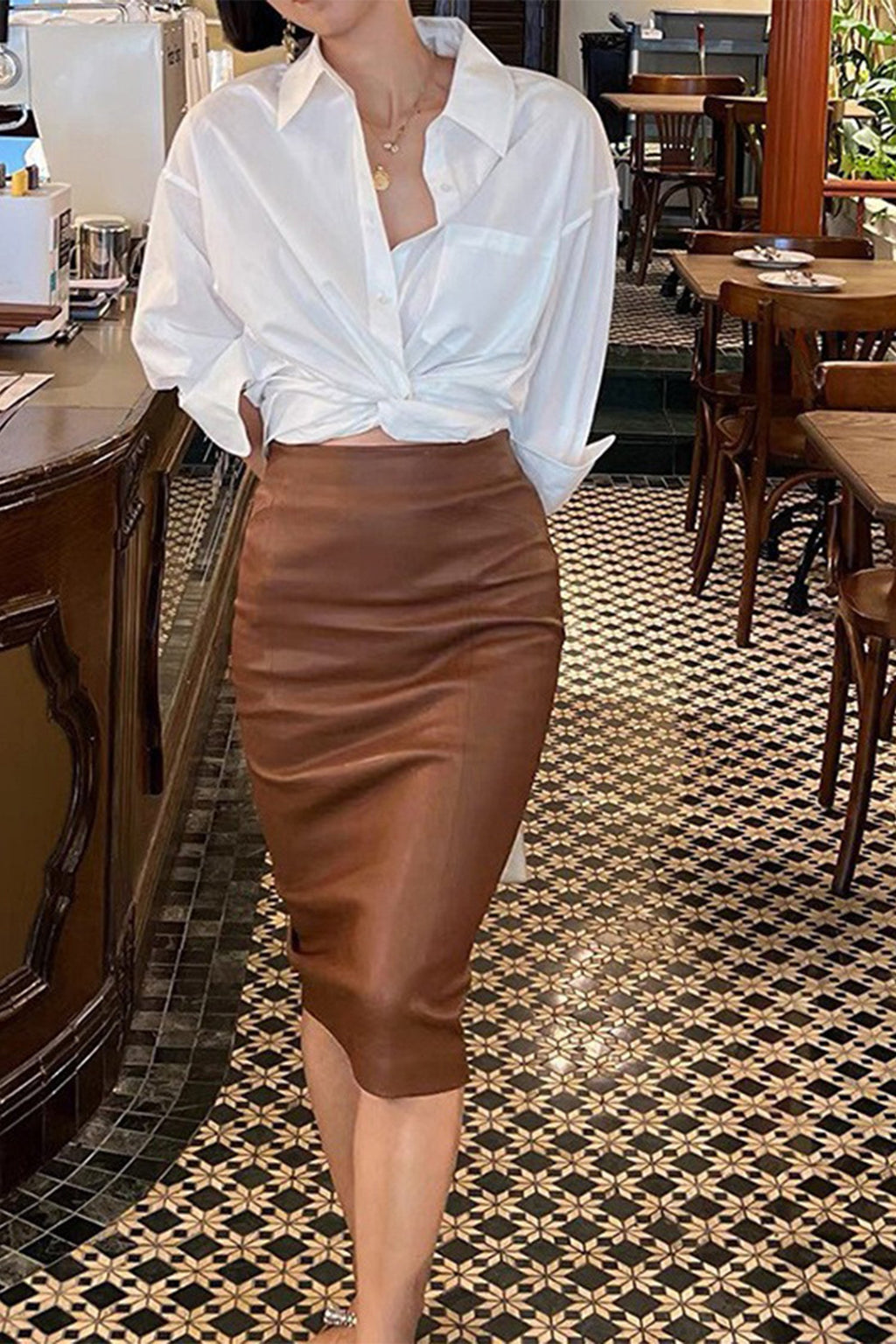 Classic Leather High-Waisted Midi Pencil Skirt