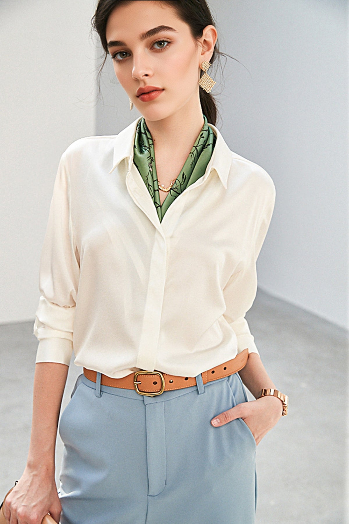 Classic Silk Button Down Machine Washable Shirt in White