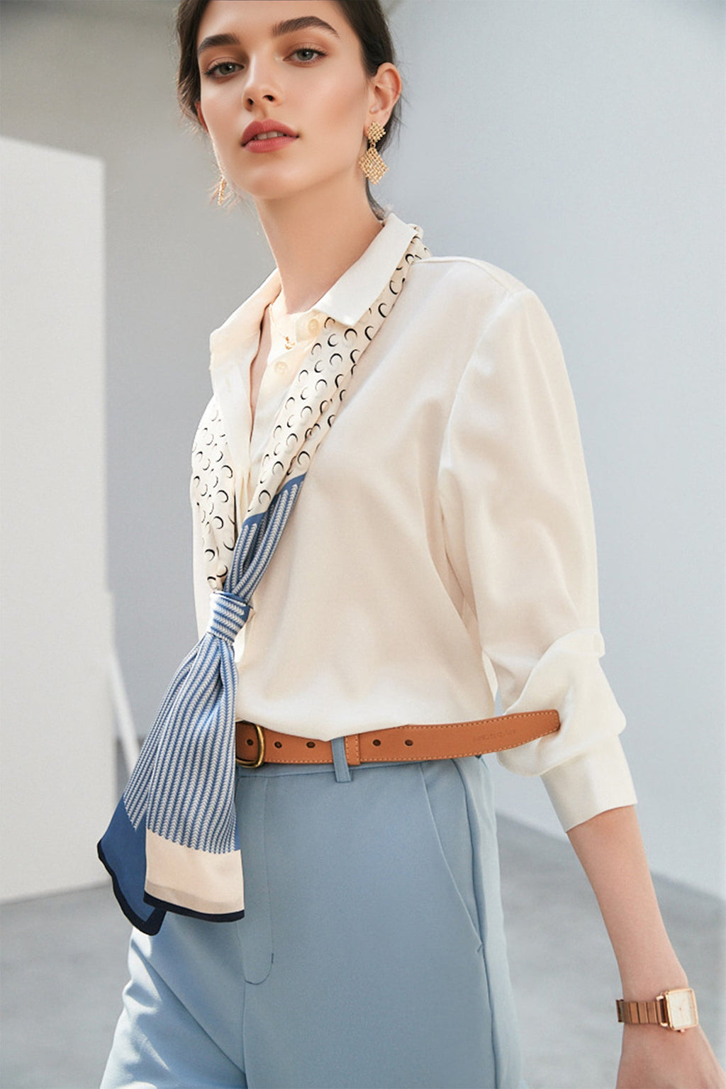 Classic Silk Button Down Machine Washable Shirt in White