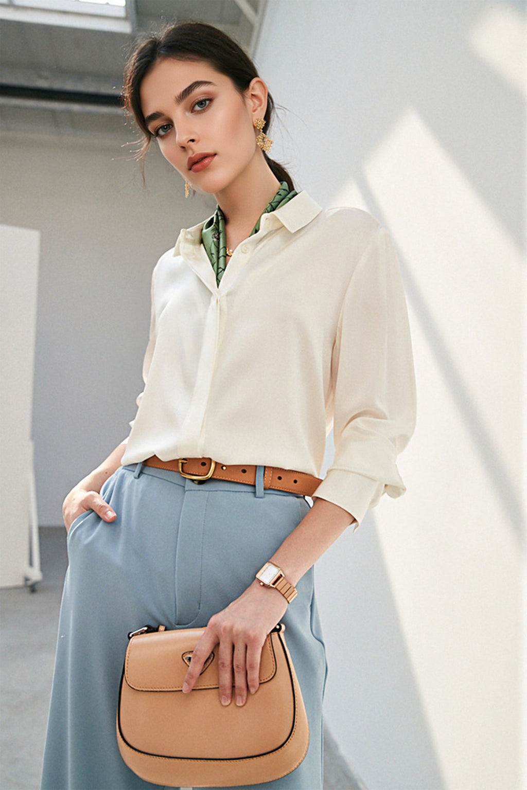 Classic Silk Button Down Machine Washable Shirt in White