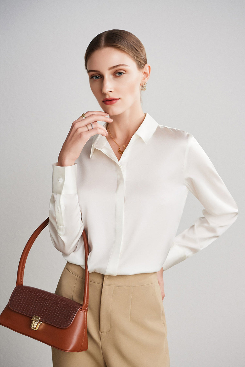 Classic Silk Button Down Machine Washable Shirt in White