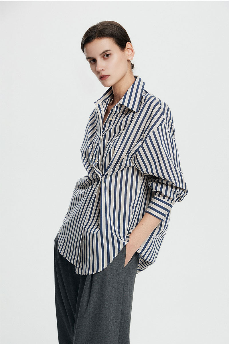Convertible Oversized Fit Navy-White Striped Button-Up Shirt