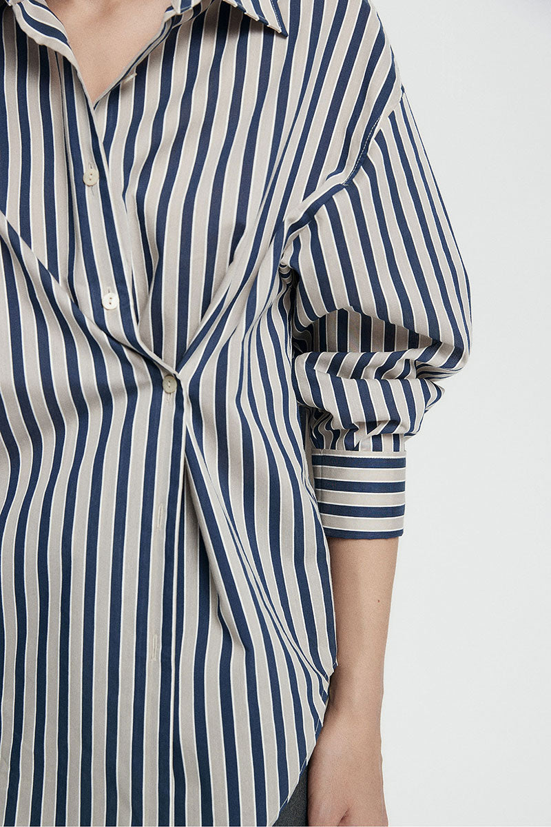 Convertible Oversized Fit Navy-White Striped Button-Up Shirt