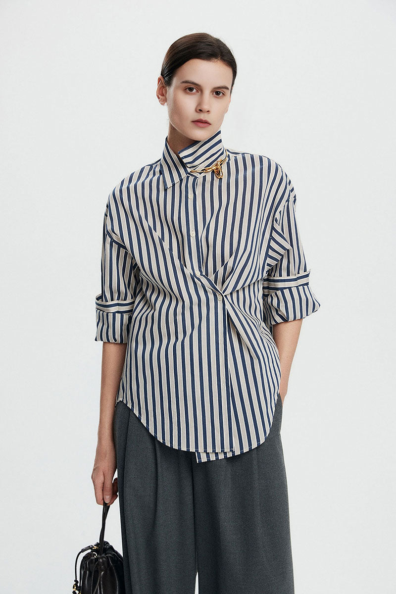 Convertible Oversized Fit Navy-White Striped Button-Up Shirt