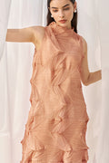 Designer Inspired Pleated Sleeveless Midi Dress in Coral