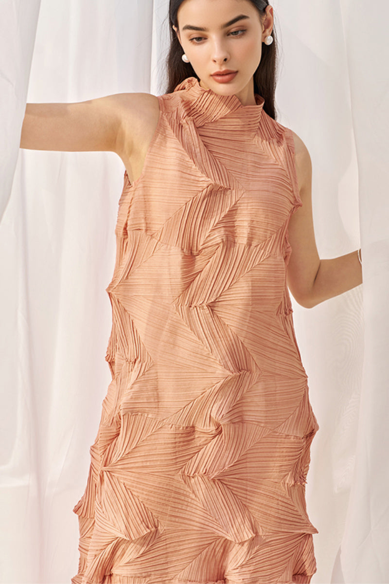 Designer Inspired Pleated Sleeveless Midi Dress in Coral