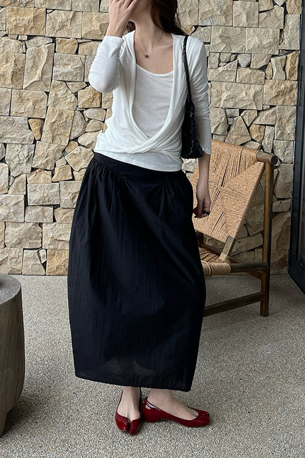 Cotton Blend High Waist Cocoon Midi Skirt