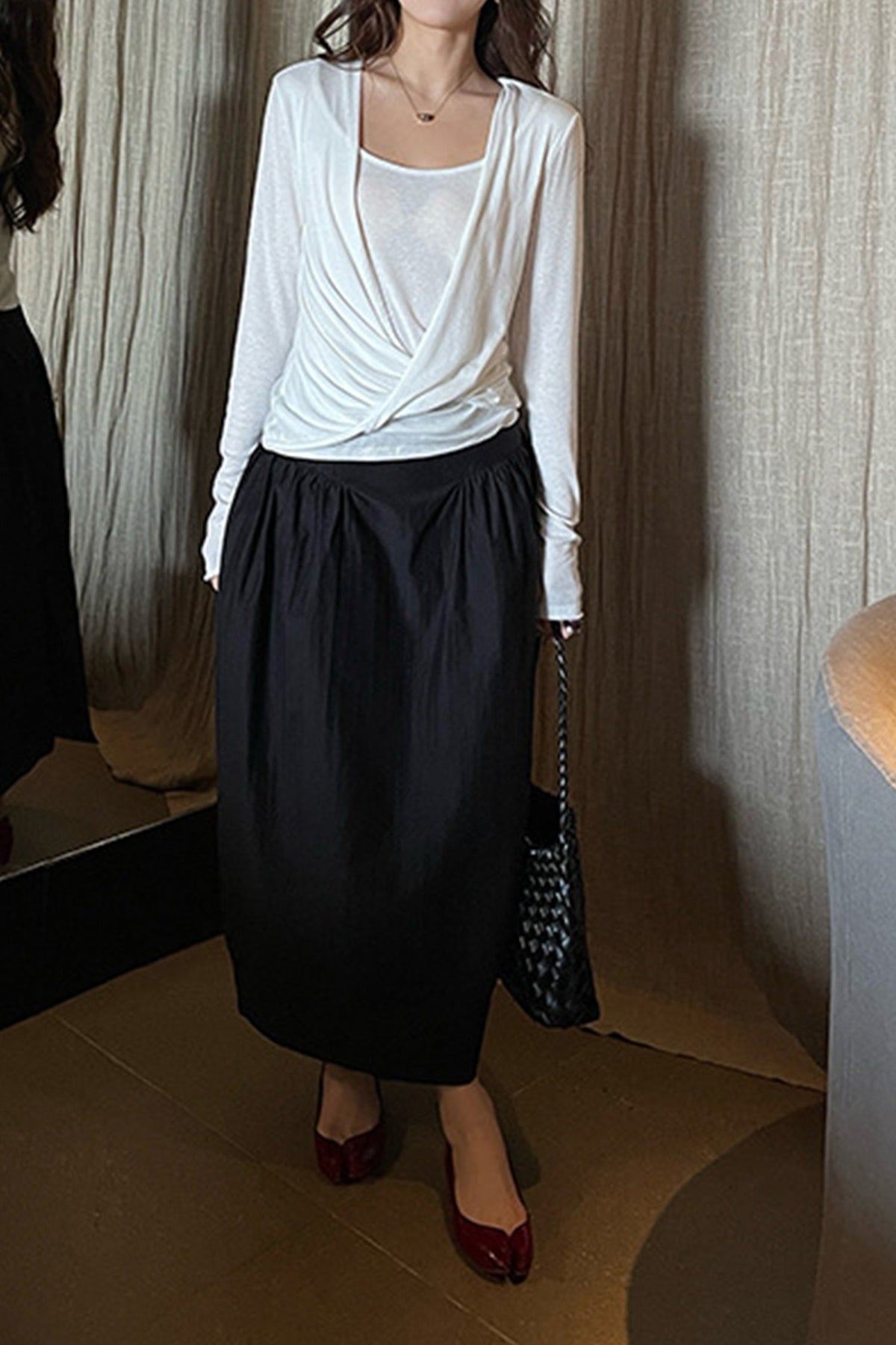 Cotton Blend High Waist Cocoon Midi Skirt