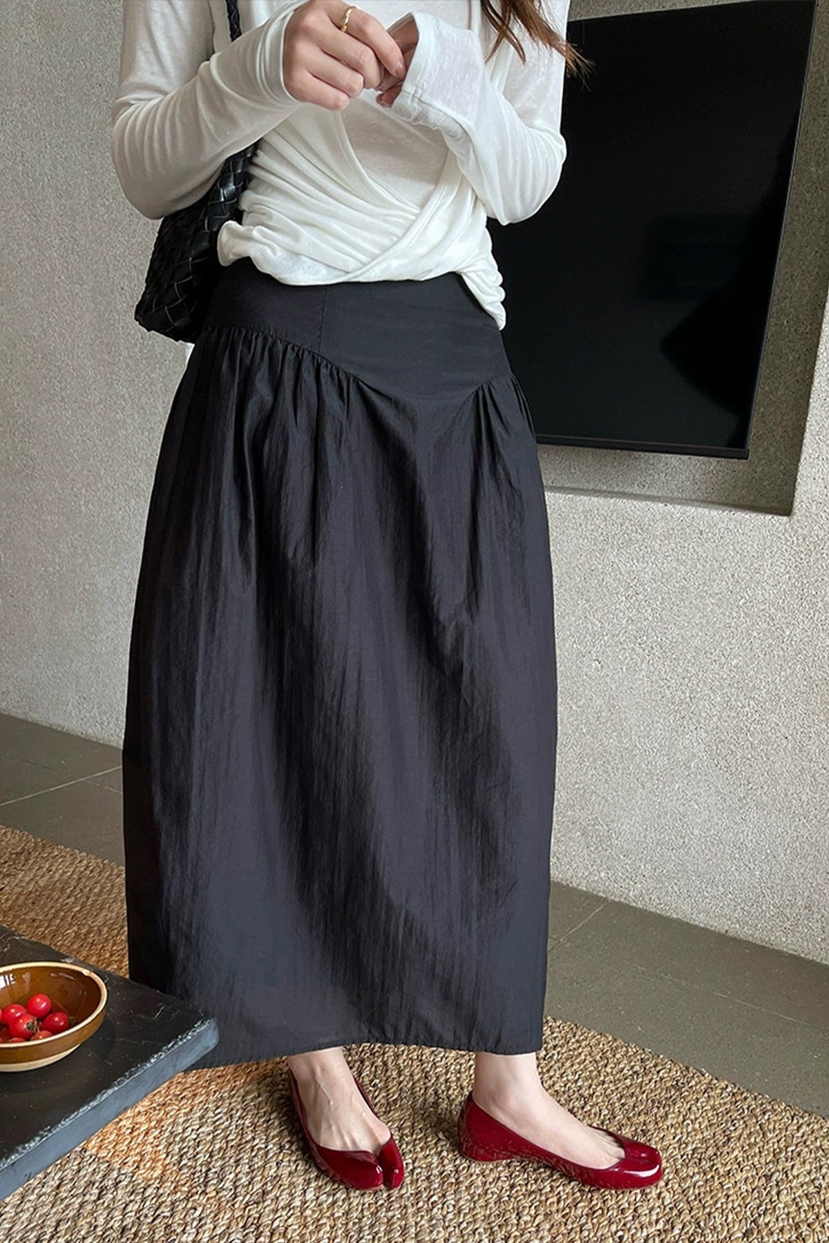 Cotton Blend High Waist Cocoon Midi Skirt