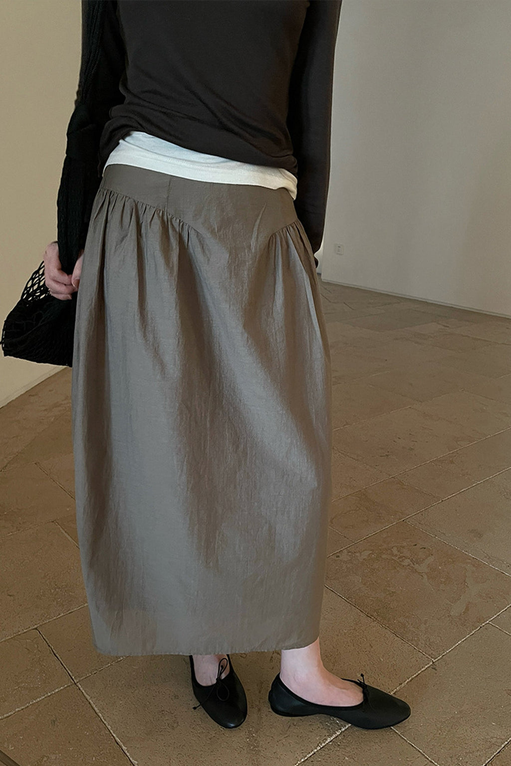 Cotton Blend High Waist Cocoon Midi Skirt