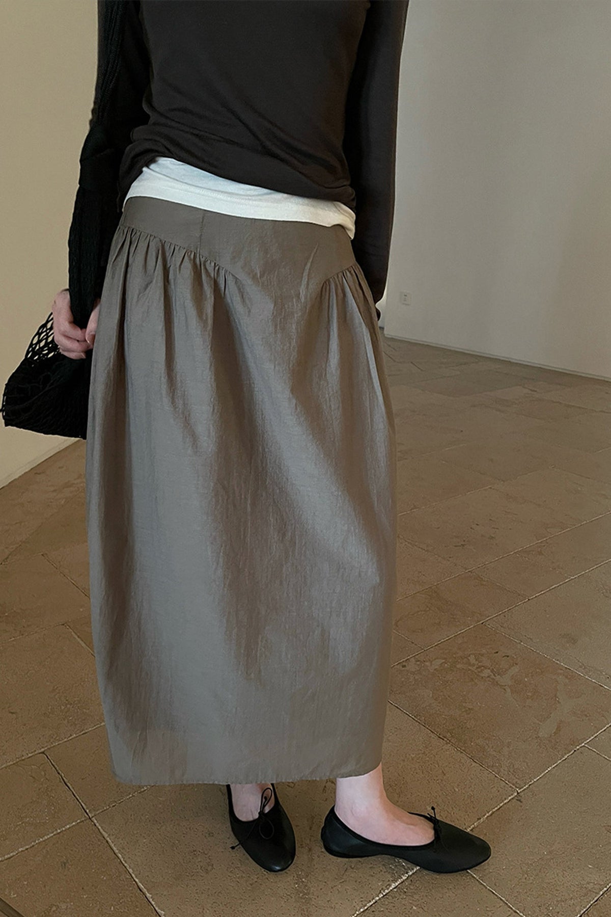 Cotton Blend High Waist Cocoon Midi Skirt