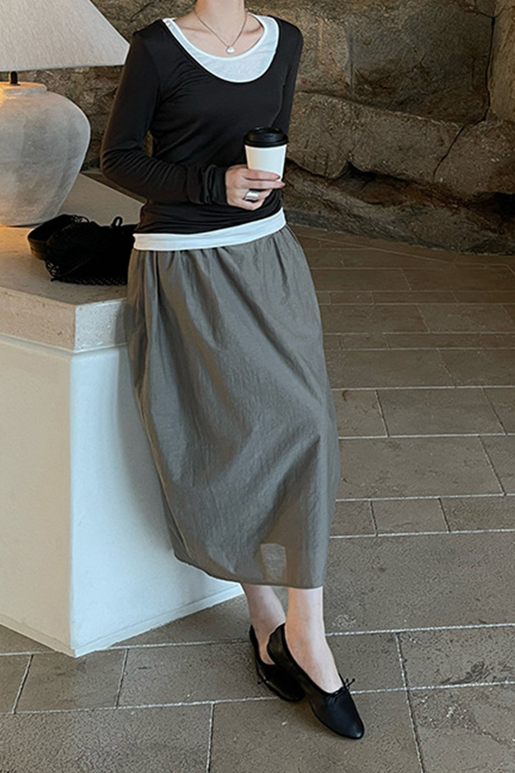 Cotton Blend High Waist Cocoon Midi Skirt