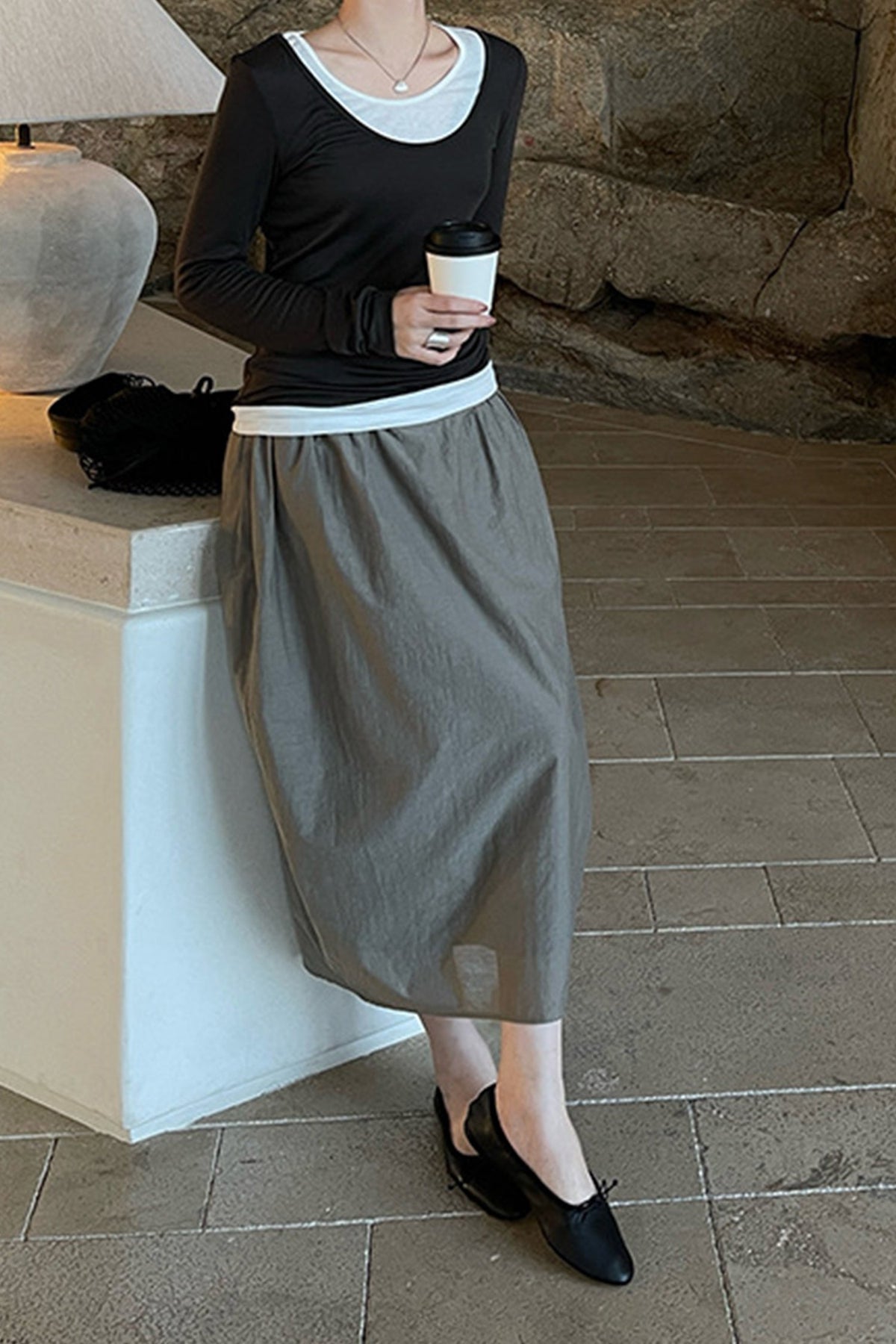 Cotton Blend High Waist Cocoon Midi Skirt