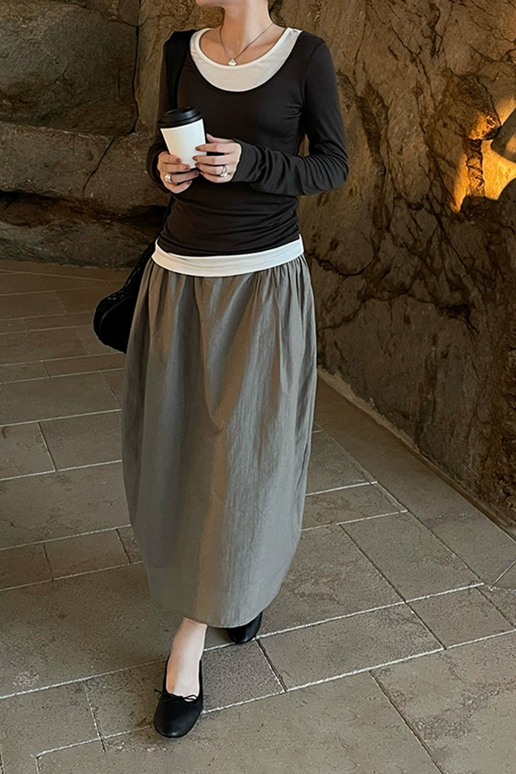 Cotton Blend High Waist Cocoon Midi Skirt