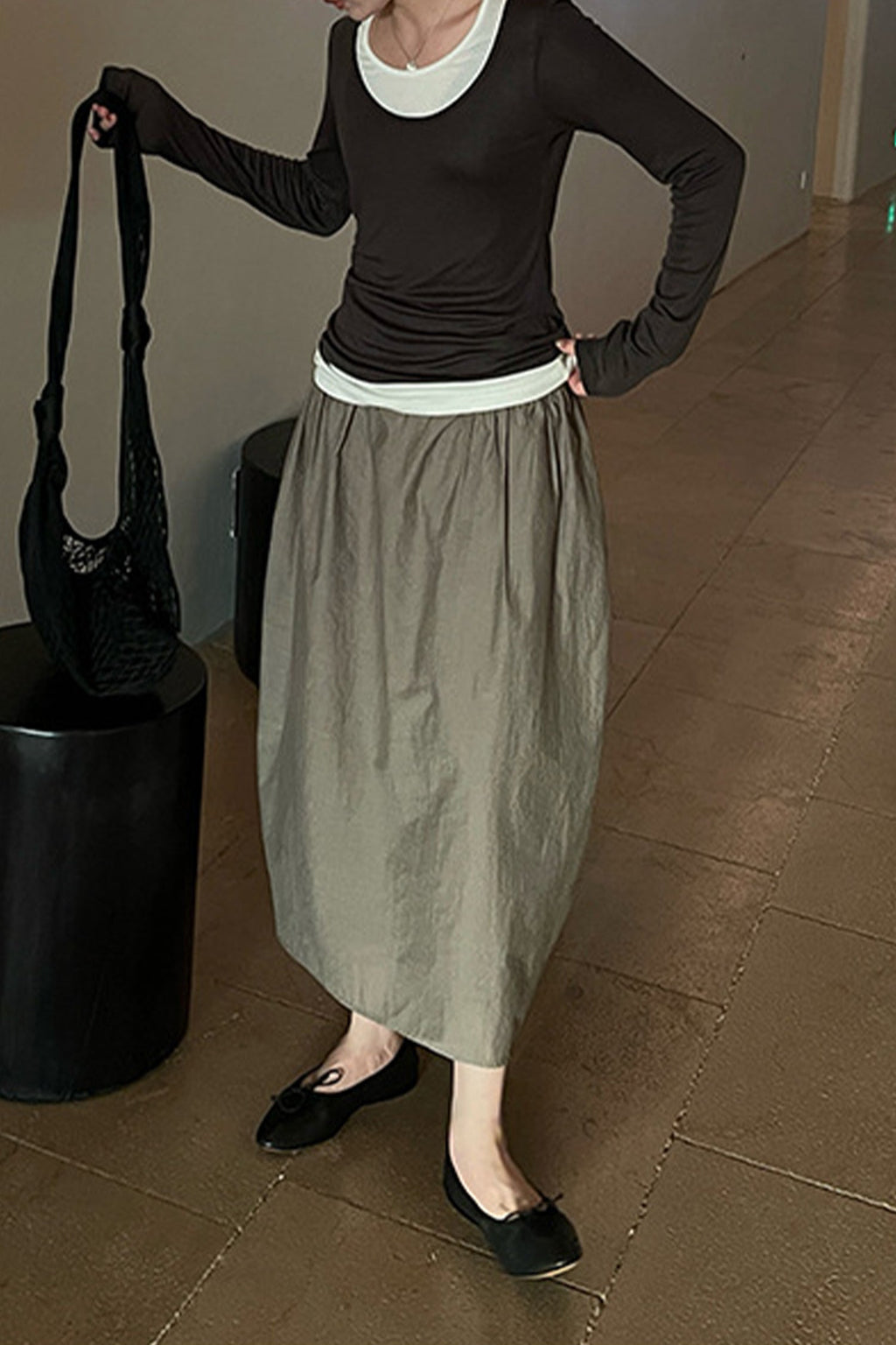 Cotton Blend High Waist Cocoon Midi Skirt