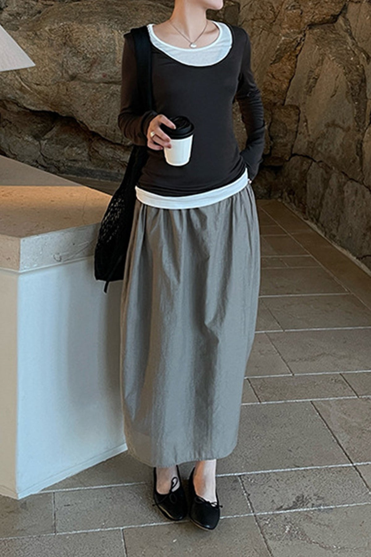 Cotton Blend High Waist Cocoon Midi Skirt