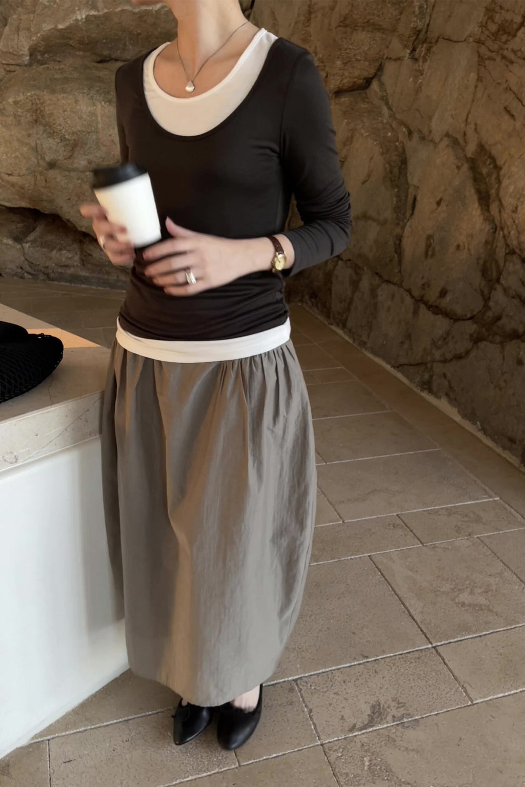 Cotton Blend High Waist Cocoon Midi Skirt