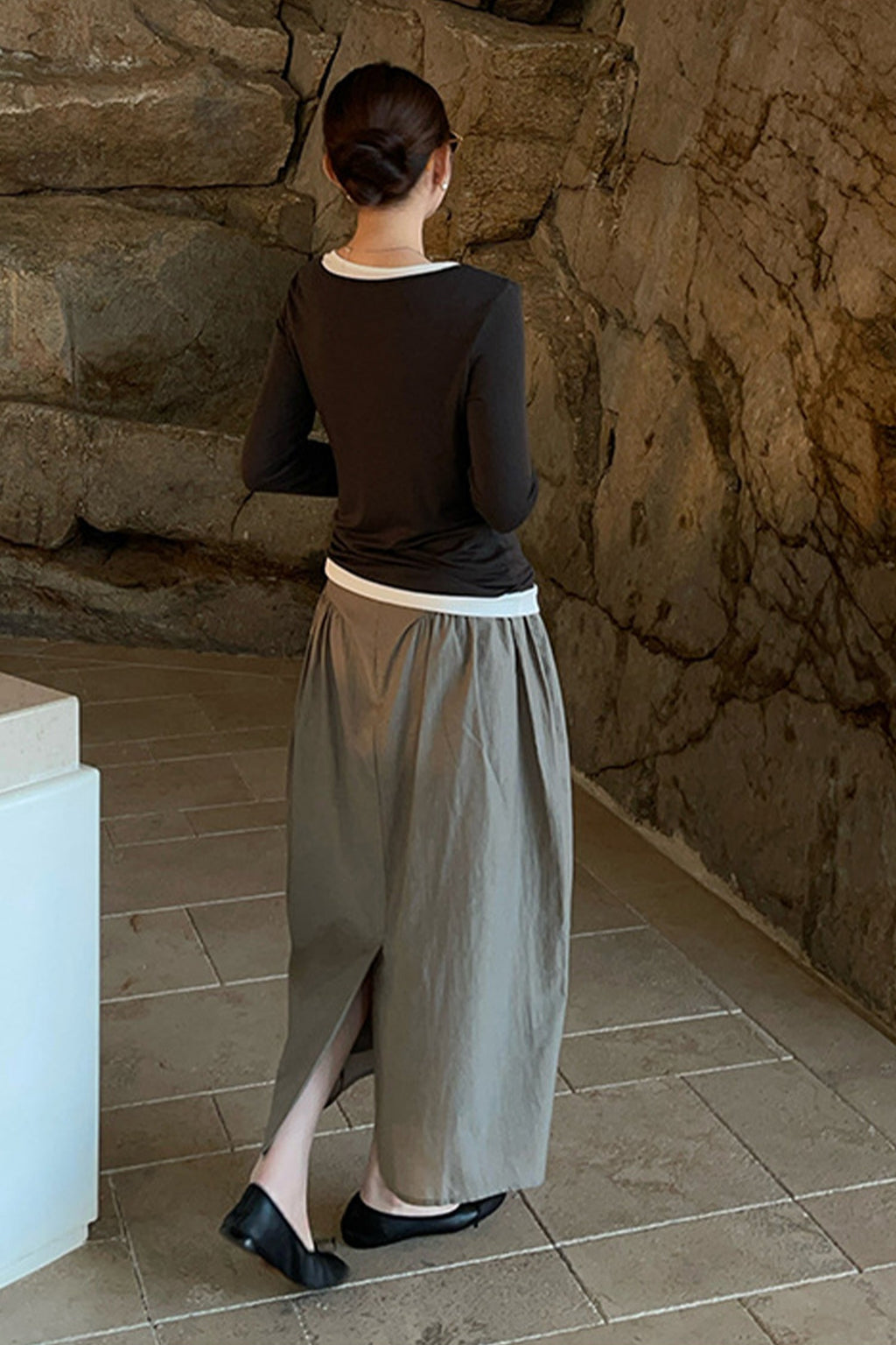 Cotton Blend High Waist Cocoon Midi Skirt