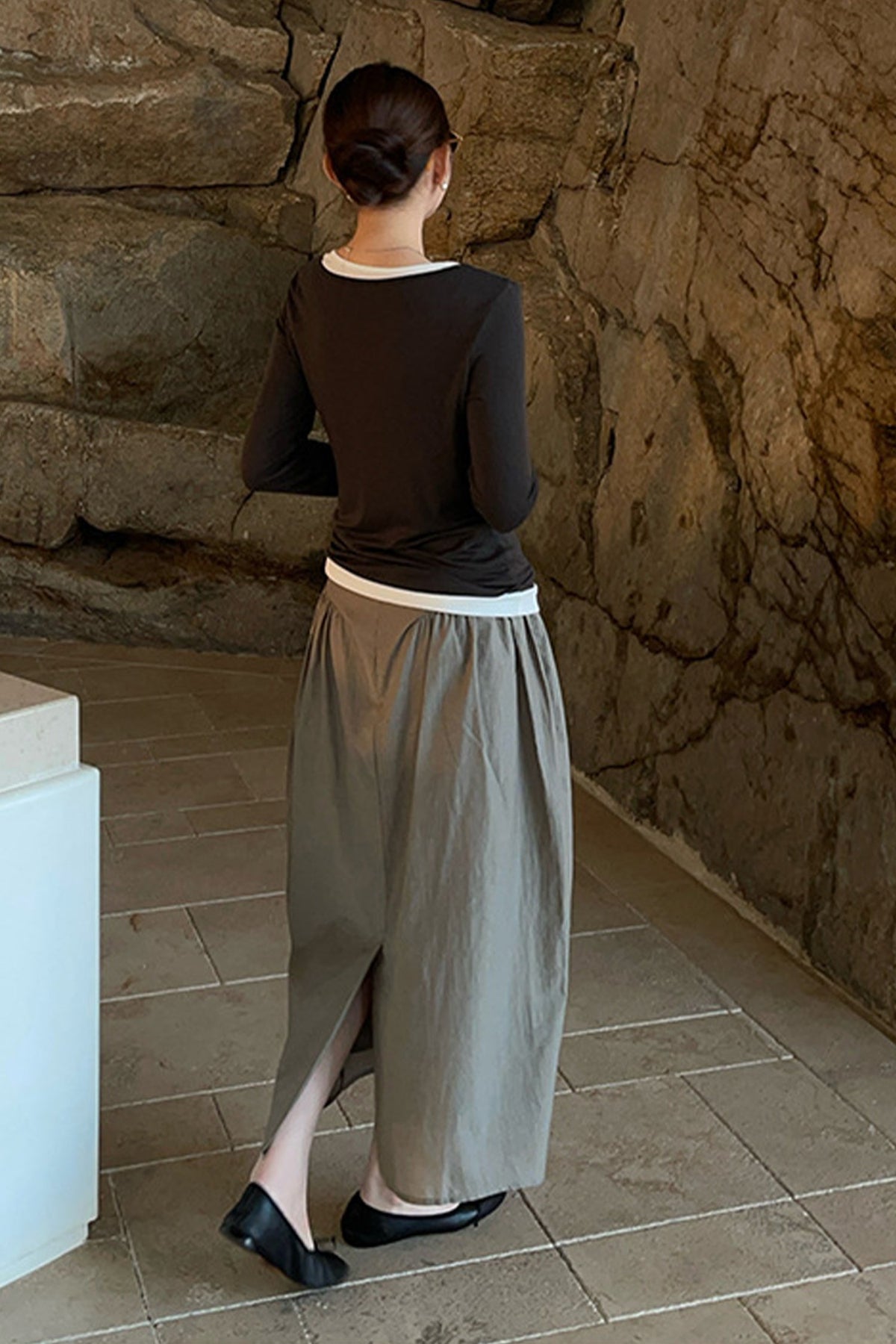 Cotton Blend High Waist Cocoon Midi Skirt