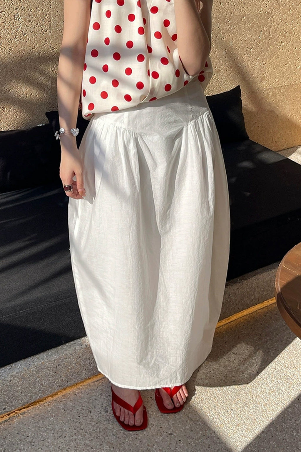 Cotton Blend High Waist Cocoon Midi Skirt