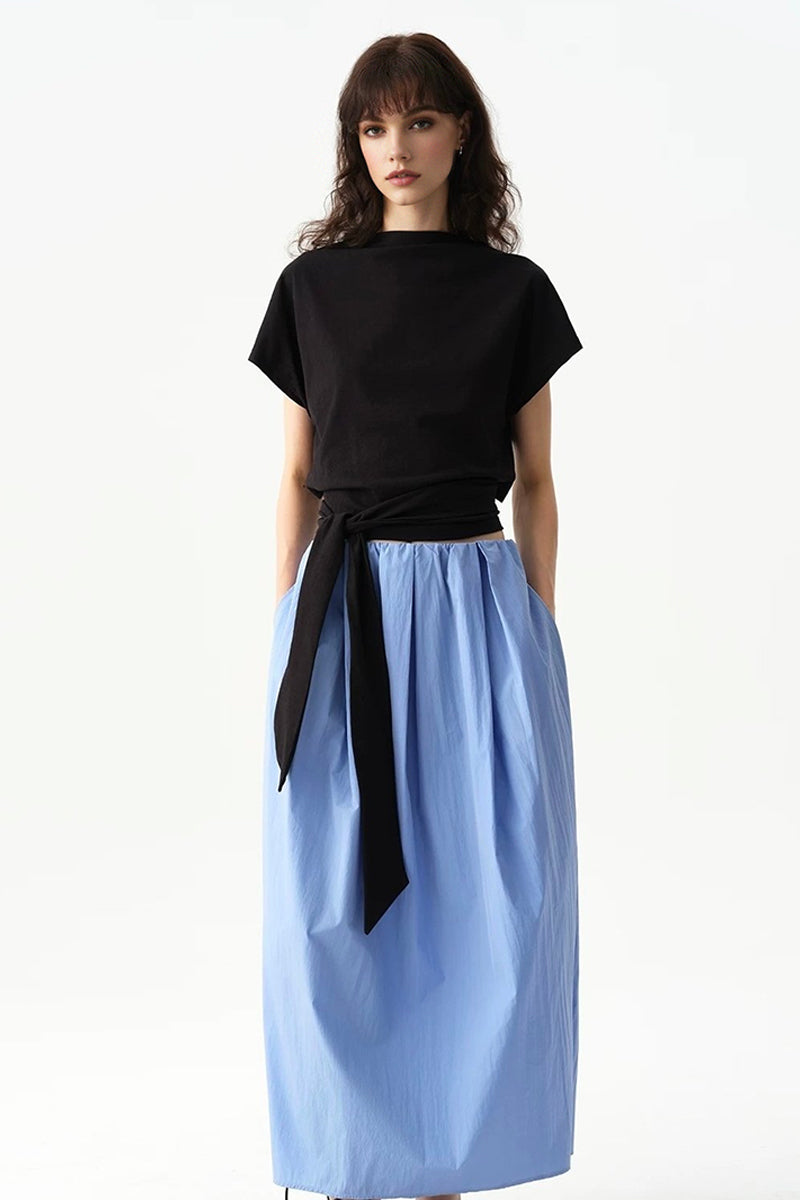 Cotton-Blend Pleated A Line Maxi Skirt