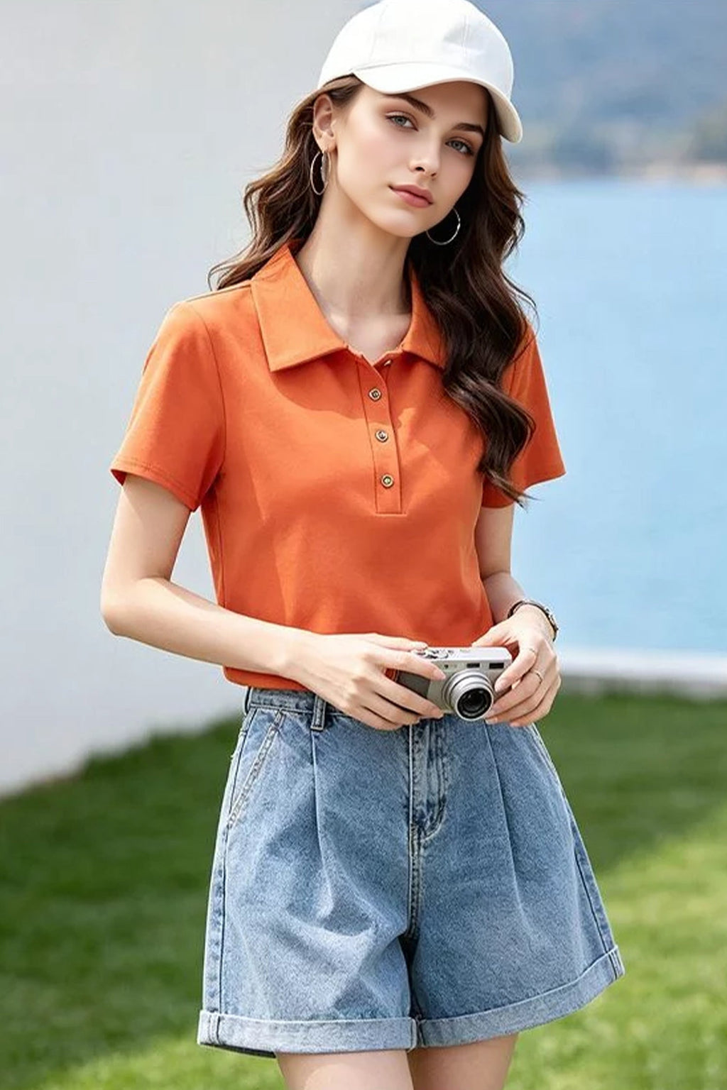Cotton Short-Sleeve Slim-Fit Polo T-Shirt With Silver-Tone Button
