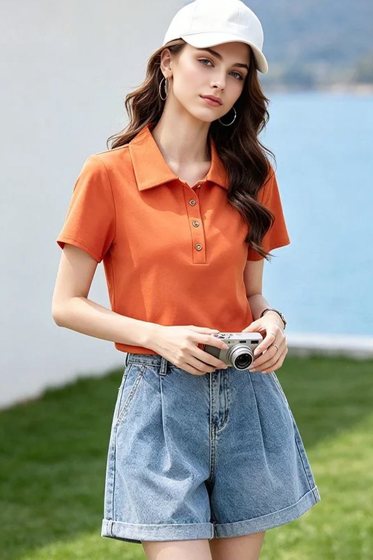 Cotton Short-Sleeve Slim-Fit Polo T-Shirt With Silver-Tone Button