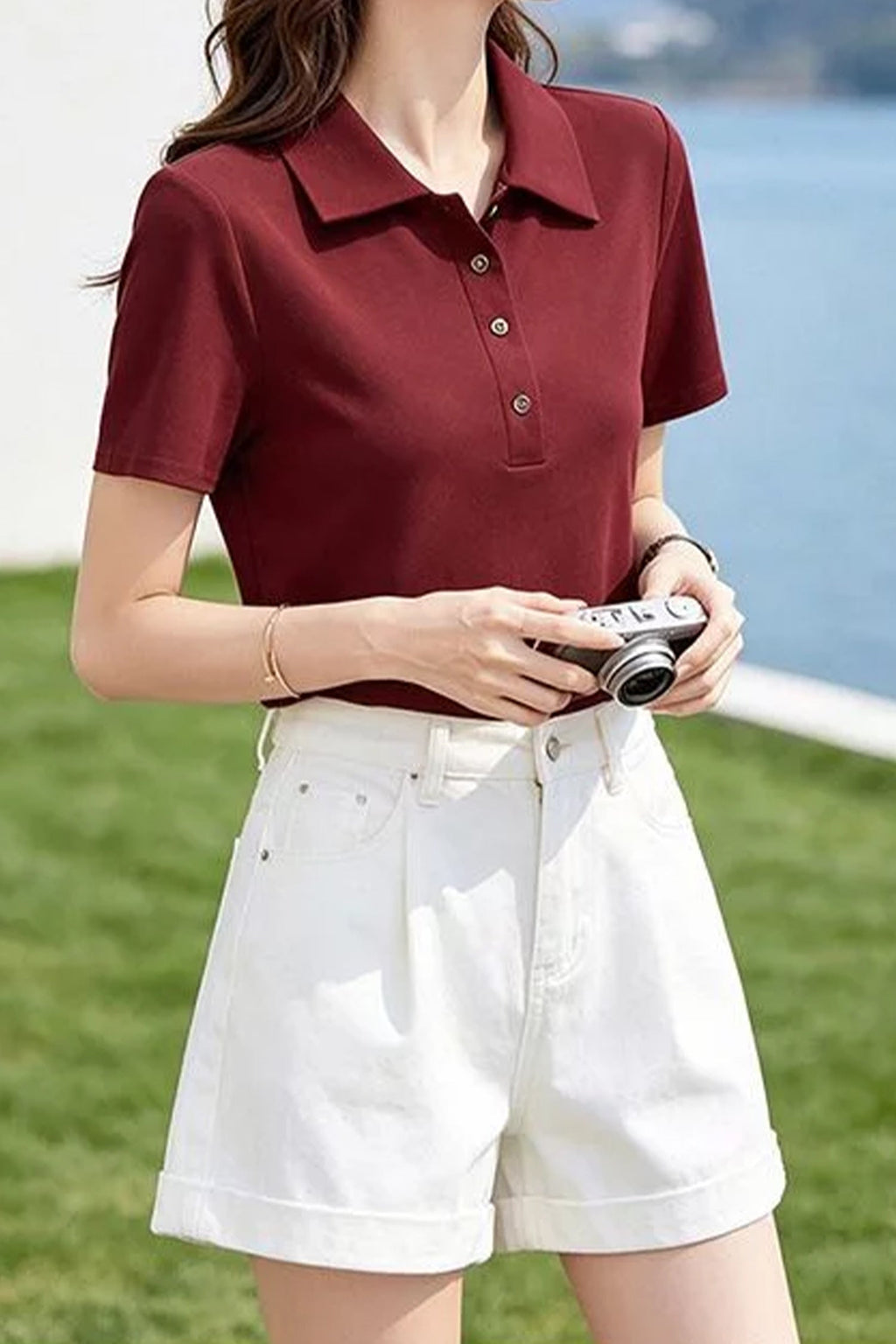 Cotton Short-Sleeve Slim-Fit Polo T-Shirt With Silver-Tone Button