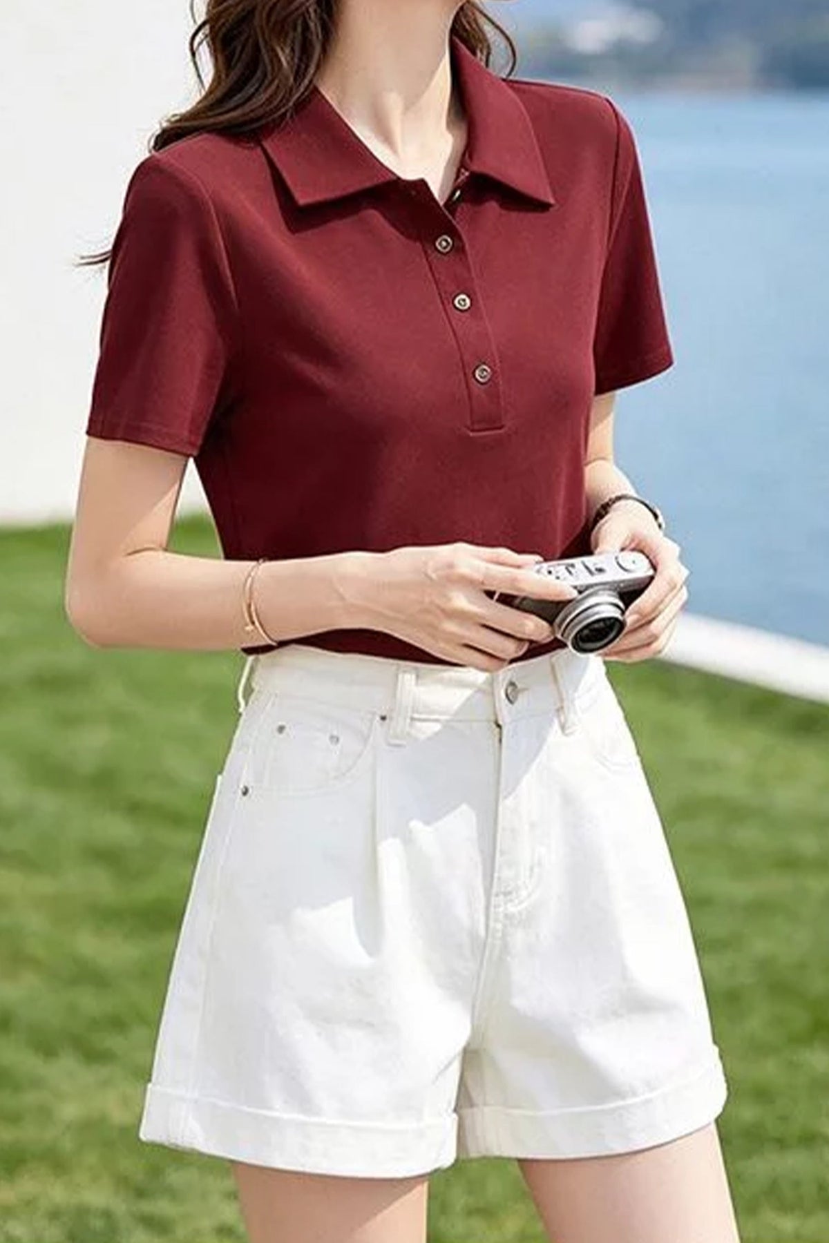 Cotton Short-Sleeve Slim-Fit Polo T-Shirt With Silver-Tone Button