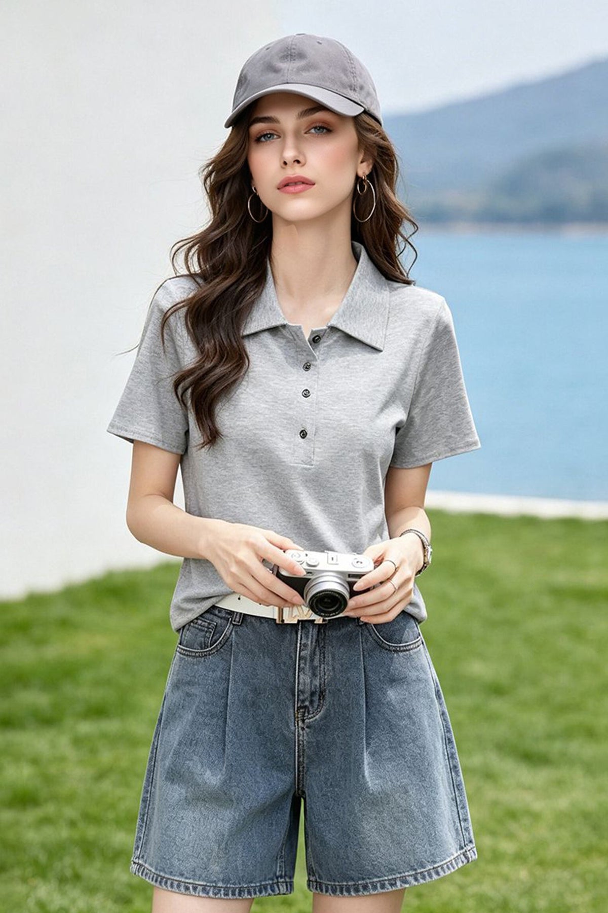 Cotton Short-Sleeve Slim-Fit Polo T-Shirt With Silver-Tone Button