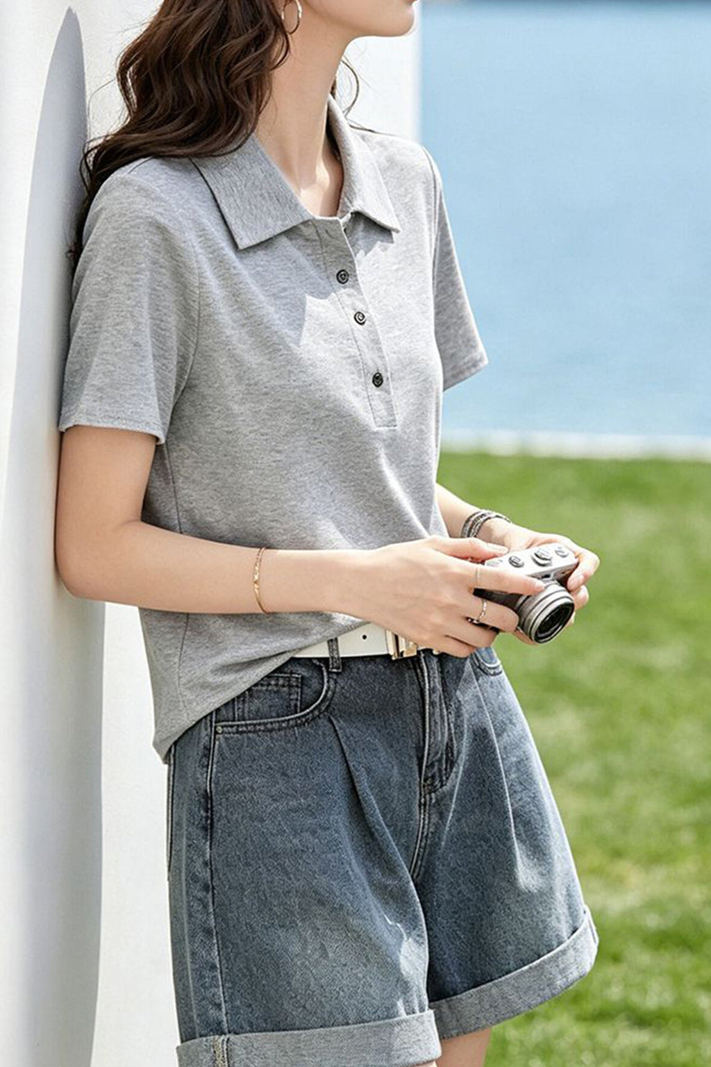Cotton Short-Sleeve Slim-Fit Polo T-Shirt With Silver-Tone Button