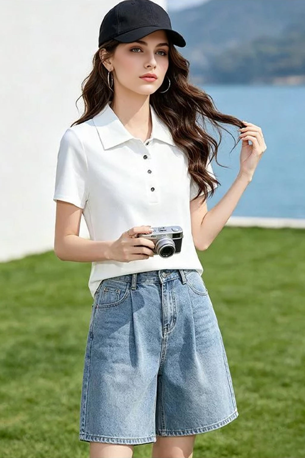 Cotton Short-Sleeve Slim-Fit Polo T-Shirt With Silver-Tone Button