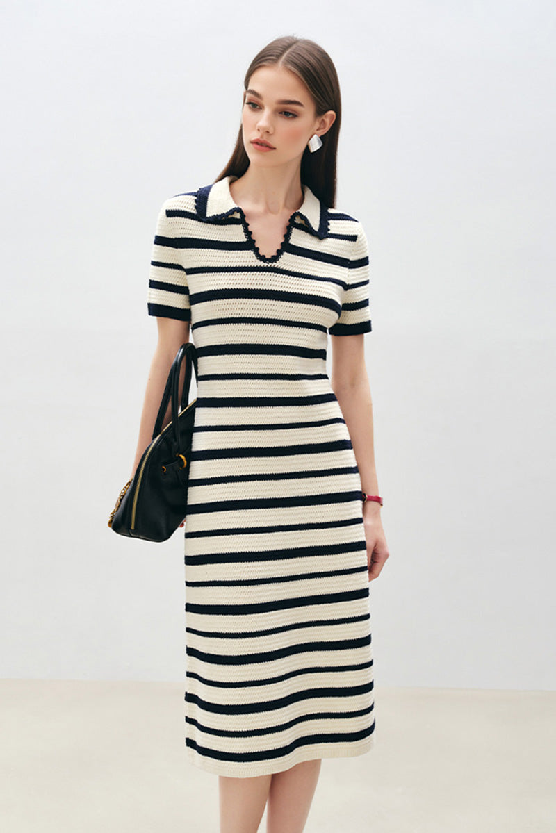 Crochet Black & White Striped Polo Midi Dress