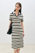 Crochet Black & White Striped Polo Midi Dress