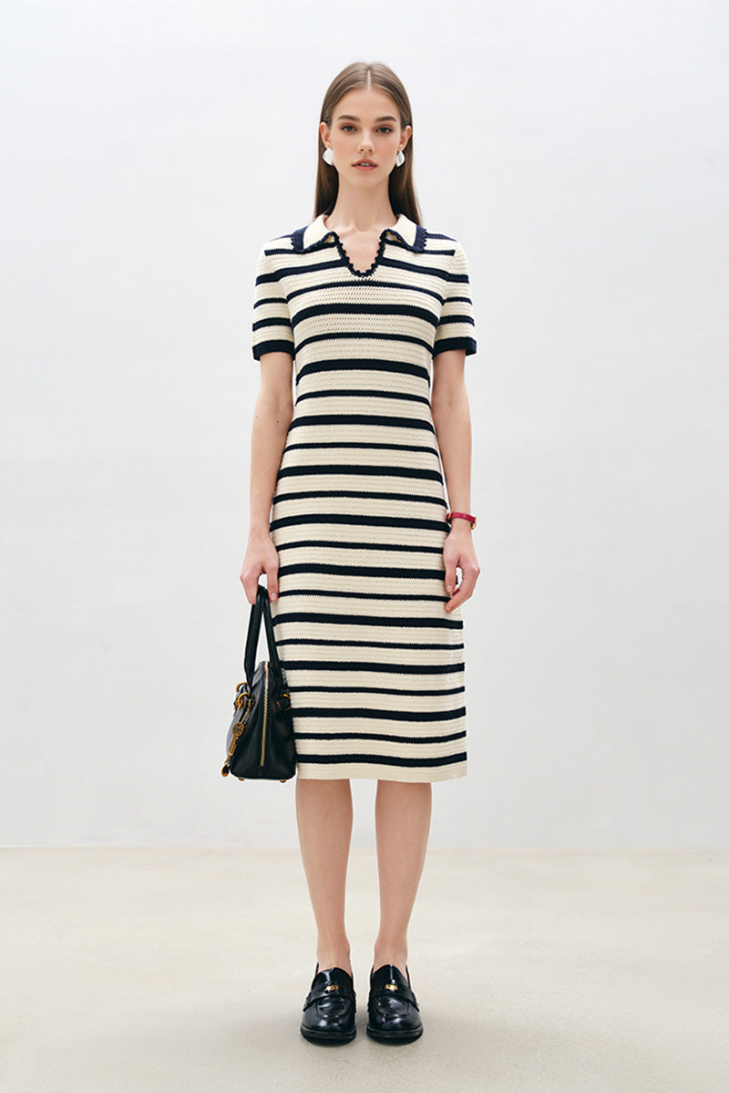 Crochet Black & White Striped Polo Midi Dress