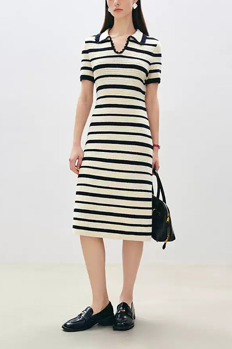 Crochet Black & White Striped Polo Midi Dress