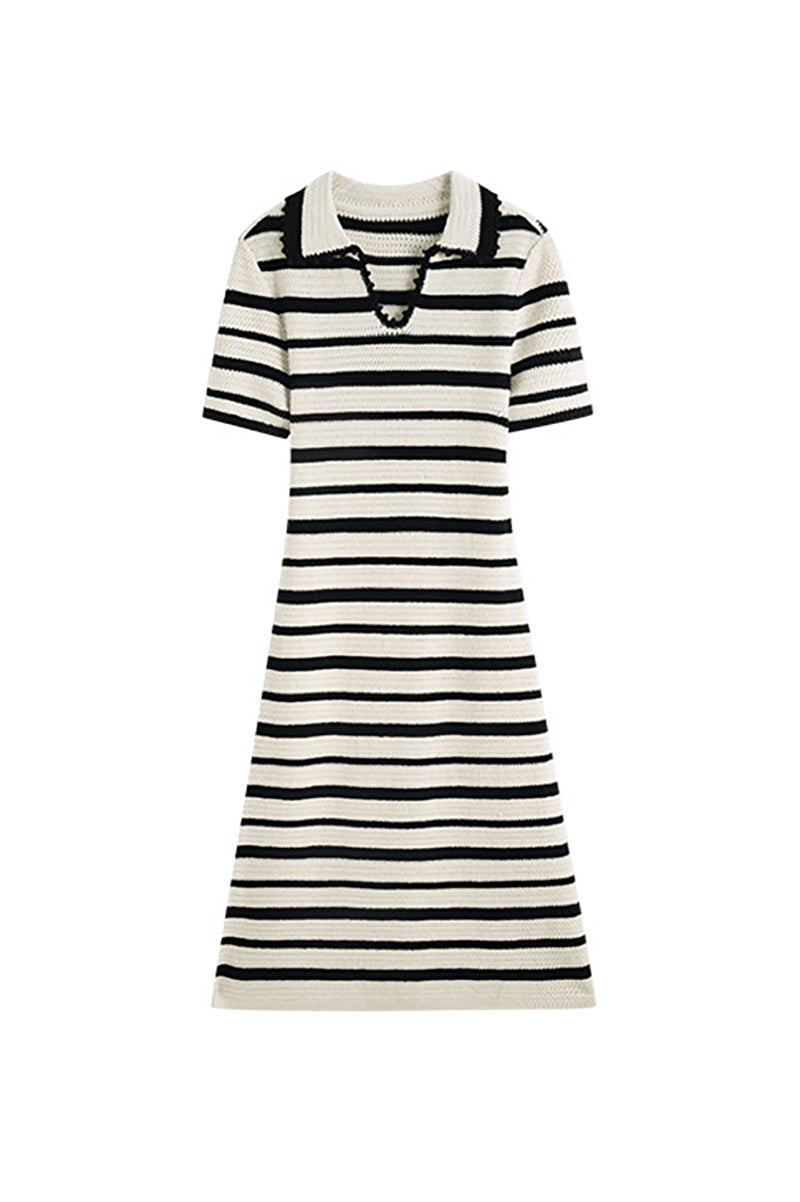 Crochet Black & White Striped Polo Midi Dress