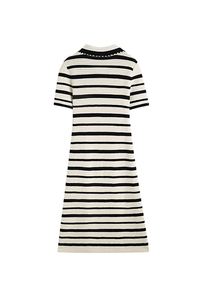 Crochet Black & White Striped Polo Midi Dress