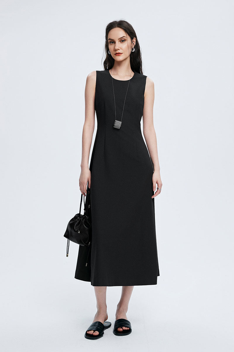 Black Crew-Neck A-Line Tank Midi Dress