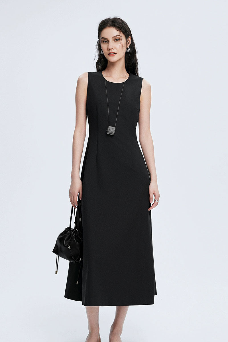 Black Crew-Neck A-Line Tank Midi Dress