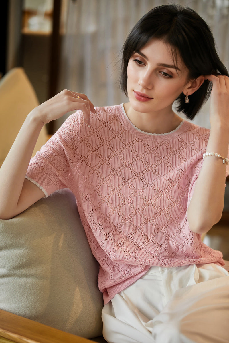 Crochet Silk-Blend Pointelle T-Shirt